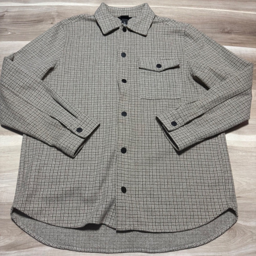 H&M Overshirt Mens L Tan Brown Houndstooth Flannel Shacket Relaxed Fit 0936024-2